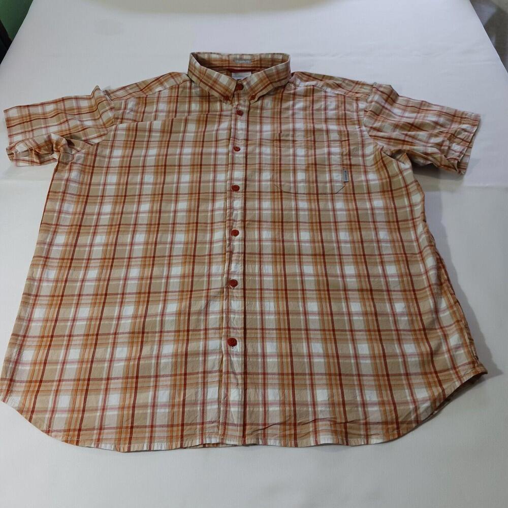 Columbia Button Down Men 2XL Orange Plaid Rapid Rivers Short Sleeve Shirt AM9132